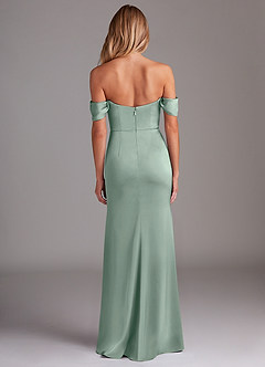 Azazie Saige Bridesmaid Dresses Agave Sheath Off the Shoulder Stretch Satin Dress image10