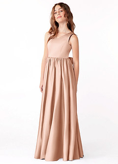 Azazie Hathaway Junior Vestido de Oro Rosa de Satén Elástico de Corte En A con Lazo image4