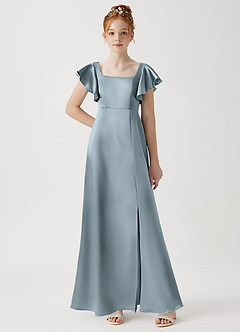Azazie Bondi Junior Dusty Blue A-Line Side Slit Metallic Satin Dress image1