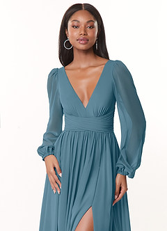 Azazie Norah Bridesmaid Dresses Bermuda A-Line V-Neck Long Sleeve Chiffon Dress image5