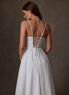 Azazie Neema At-home Try On Dresses Diamond White A-Line Side Slit Chiffon Dress image4