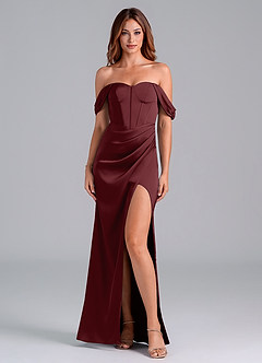 Azazie Asha Bridesmaid Dresses Cabernet Sheath Off the Shoulder Stretch Satin Convertible Dress image1