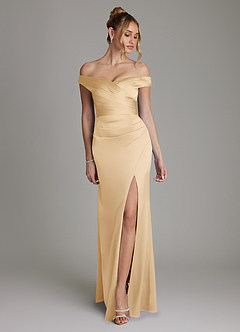Azazie Teyana Bridesmaid Dresses Gold Sheath Off the Shoulder Stretch Satin Dress image1