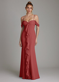Azazie Karmela Bridesmaid Dresses Rust A-Line Off the Shoulder Chiffon Dress image1