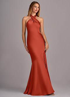 Azazie Lorena Bridesmaid Dresses Rust Mermaid Pleated Stretch Satin Dress image3