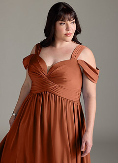 Azazie Lianne Bridesmaid Dresses Cedar Rose A-Line Off the Shoulder Stretch Satin Dress image14