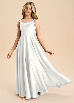Azazie Popsy Junior Vestido de Blanco de Satén Elástico de Corte en A con Lazo image1
