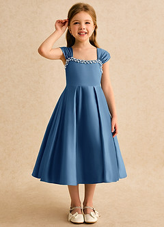 Azazie Yosemite 플라워 걸 드레스 볼가운 스윗하트 네크라인 매트 새틴 티 길이 드레스 image5