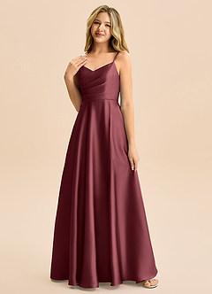 Azazie Rumi Junior A-Line Plisseret Stræk satin Gulv-længde Junior brudepige Kjole image3