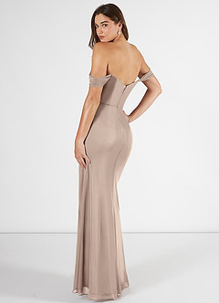 Azazie Kit Bridesmaid Dresses Taupe Mermaid Off the Shoulder Mesh Dress image4