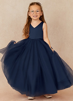 Azazie Marybell Flower Girl Dresses Dark Navy A-Line Bow Tulle Dress image1