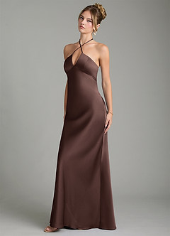 Azazie Camille Robes de demoiselle d'honneur Robe Fourreau en Satin extensible Fente Latérale Ganache image4