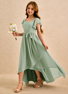 Azazie Milly Girls Formal 플라워 걸 드레스 A라인 주름진 쉬폰 비대칭 드레스 image6