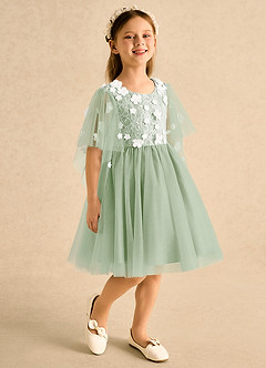 Azazie Mollie Vestidos de florista Vestido Dusty Sage de Tule de Linha A com Renda image1