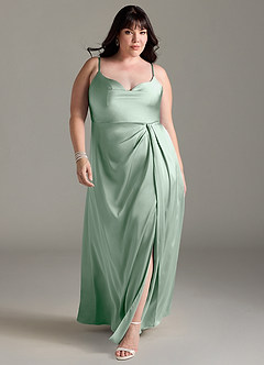 Azazie Brielle Bridesmaid Dresses Agave A-Line Cowl Spaghetti Straps Stretch Satin Dress image8