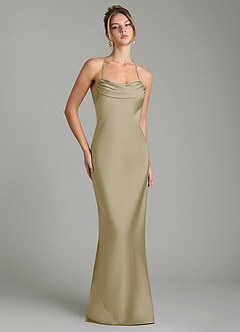 Azazie Mae Vestidos de damas de honor Vestido Musgo Verde de Satén Elástico de Corte Sirena con Plisado image1