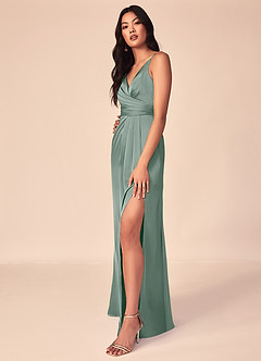 Azazie Aqua Robes de demoiselle d'honneur Robe Trapèze en Satin extensible Col V plissé Sauge D'argent image5