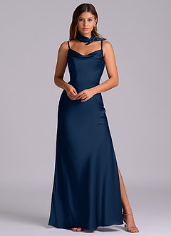 Azazie Yazmine Venta Final Vestido de Azul Marino Oscuro de Satén Elástico de Corte Sirena con Plisado image6