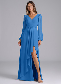 Azazie Omari Bridesmaid Dresses Blue Jay A-Line Long Sleeve Chiffon Dress image1