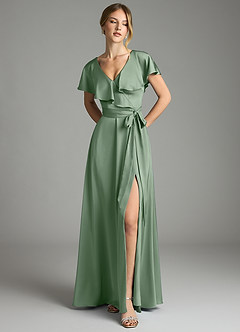 Azazie Lainey Vestidos de damas de honor Vestido de Matcha de Satén Elástico de Corte en A con Con bolsillos image3