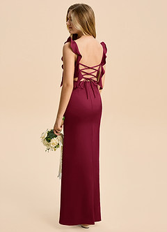 Azazie Jessamine Junior Burgundy Sheath Ruched Stretch Satin Dress image4