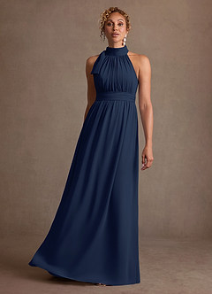 Azazie Antoinette vestidos de madre de la novia Vestido de Azul Marino Oscuro de Gasa de Corte en A con Plisado image3