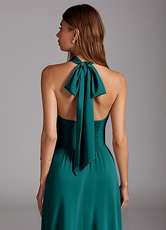 Azazie Myra Bridesmaid Dresses Peacock A-Line Side Slit Stretch Satin Dress image2