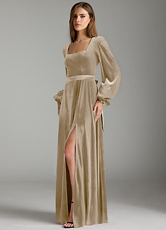 Azazie Leonia Bridesmaid Dresses Golden Tan A-Line Long Sleeve Velvet Dress image5