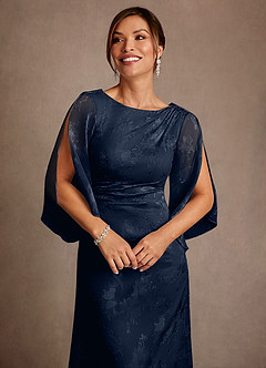 Azazie Anaheim Mother of the Bride Dresses Dark Navy Sheath Pleated Floral Burnout Dress image5