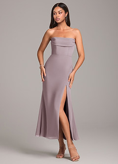 Azazie Saige Robes de demoiselle d'honneur Robe Fourreau Convertible en Mousseline de soie Épaule décolletée Crépuscule image6