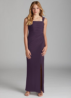 Azazie Jesaphine Junior Vestido de Ciruela de Malla de Corte Recto con Plisado image3