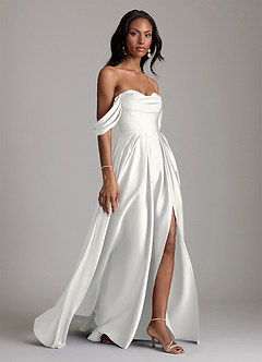 Azazie Loisa Abiti da Damigella Abito A-Line in Raso Elasticizzato a Spalla Scoperta Bianco image6