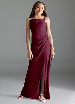 Azazie Leonis Junior Mulberry A-Line Pleated Stretch Satin Dress image1