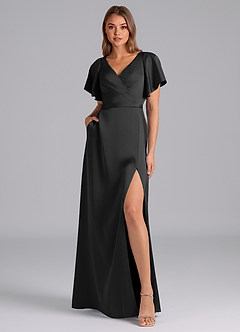 Azazie Ambrosia Bridesmaid Dresses Black A-Line Pleated Stretch Satin Dress image6