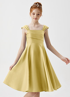 Azazie Amira Junior Vestido de Sorbete De Limón de Satén Elástico de Corte En A con Plisado image3