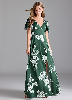 Azazie Lani Bridesmaid Dresses Green Botanicals A-Line Flounce Sleeve Stretch Satin Dress image1