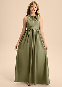 Azazie Jaylah Junior Vestido de Pistacho de Satén Elástico de Corte En A con Plisado image6