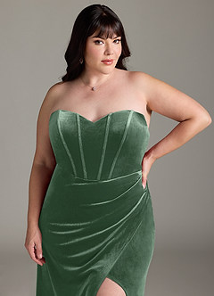 Azazie Jas Jurken voor bruidsmeisjes Converteerbaar Jurk van flueel met Kolom Off-the-shoulder korset Eucalyptus image19