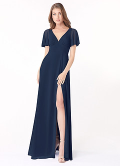 Azazie Kimber Robes de demoiselle d'honneur Robe Trapèze en Mousseline de soie Manches à volants Bleu Marine Foncé image1