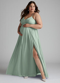 Azazie Annabelle At-home Try On Dresses A-Line V-Neck Pleated Mesh Floor-Length Dress image7