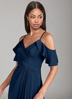 Azazie Dakota Bridesmaid Dresses Dark Navy A-Line Off the Shoulder Stretch Satin Dress image5