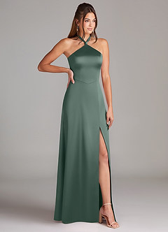 Azazie Elliana Bridesmaid Dresses Sea Moss A-Line Side Slit Stretch Satin Dress image3