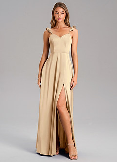 Azazie Everett Bridesmaid Dresses Champagne A-Line Stretch Satin Dress image3