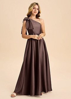 Azazie Penguin Junior A라인 절하다 스트레치 새틴 플로어 길이 주니어 신부 들러리 드레스 image4