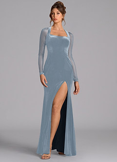 Azazie Megan Bridesmaid Dresses Dusty Blue Mermaid Long Sleeve Mesh Dress image4
