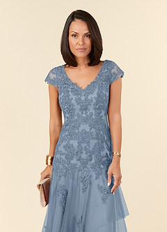 Azazie Romy vestidos de madre de la novia Vestido de Azul Polvoriento de Tul de Sirena con Cuello en V Lentejuelas image5