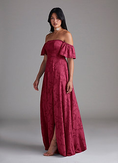 Azazie Sue Bridesmaid Dresses Burgundy A-Line Off the Shoulder Floral Burnout Convertible Dress image3