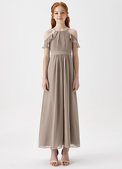 Azazie Chaya Junior Taupe A-Line Off the Shoulder Chiffon Dress image3