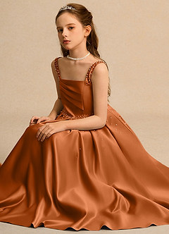 Azazie Mochi Girls Formal 플라워 걸 드레스 볼가운 플리츠 매트 새틴 발목 길이 드레스 image3
