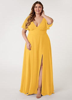 Azazie Kimber Bridesmaid Dresses Marigold A-Line Flounce Sleeve Chiffon Dress image6